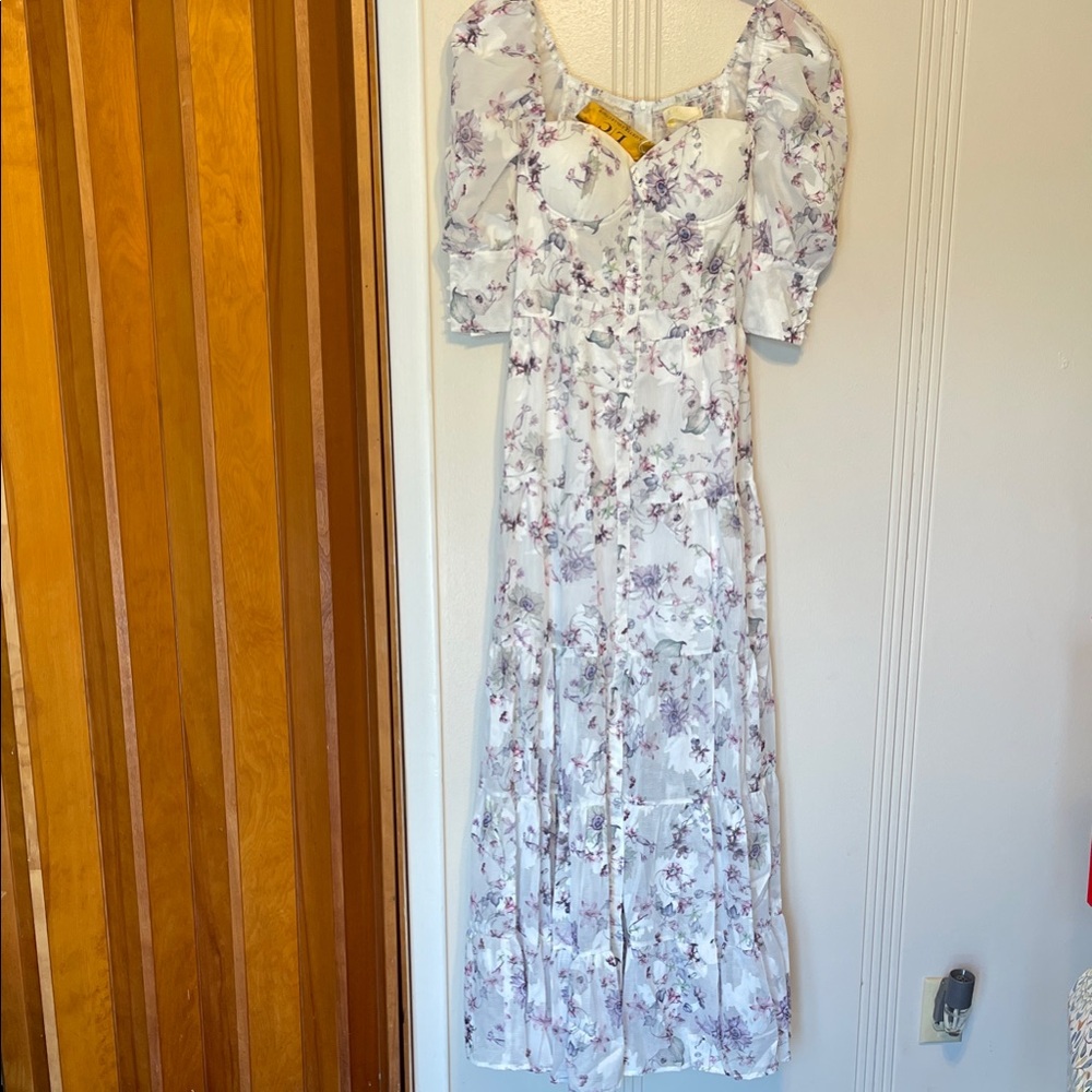 Floral Puff-Sleeve Maxi Dress - White with Lavender Print